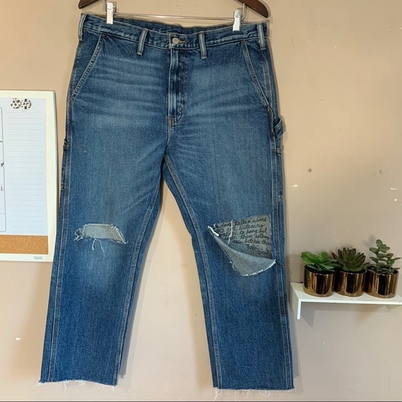 Levi's Denim - Levi's Womens Carpenter Jeans Size W34 Blue Raw Hem Crop Distressed High Rise